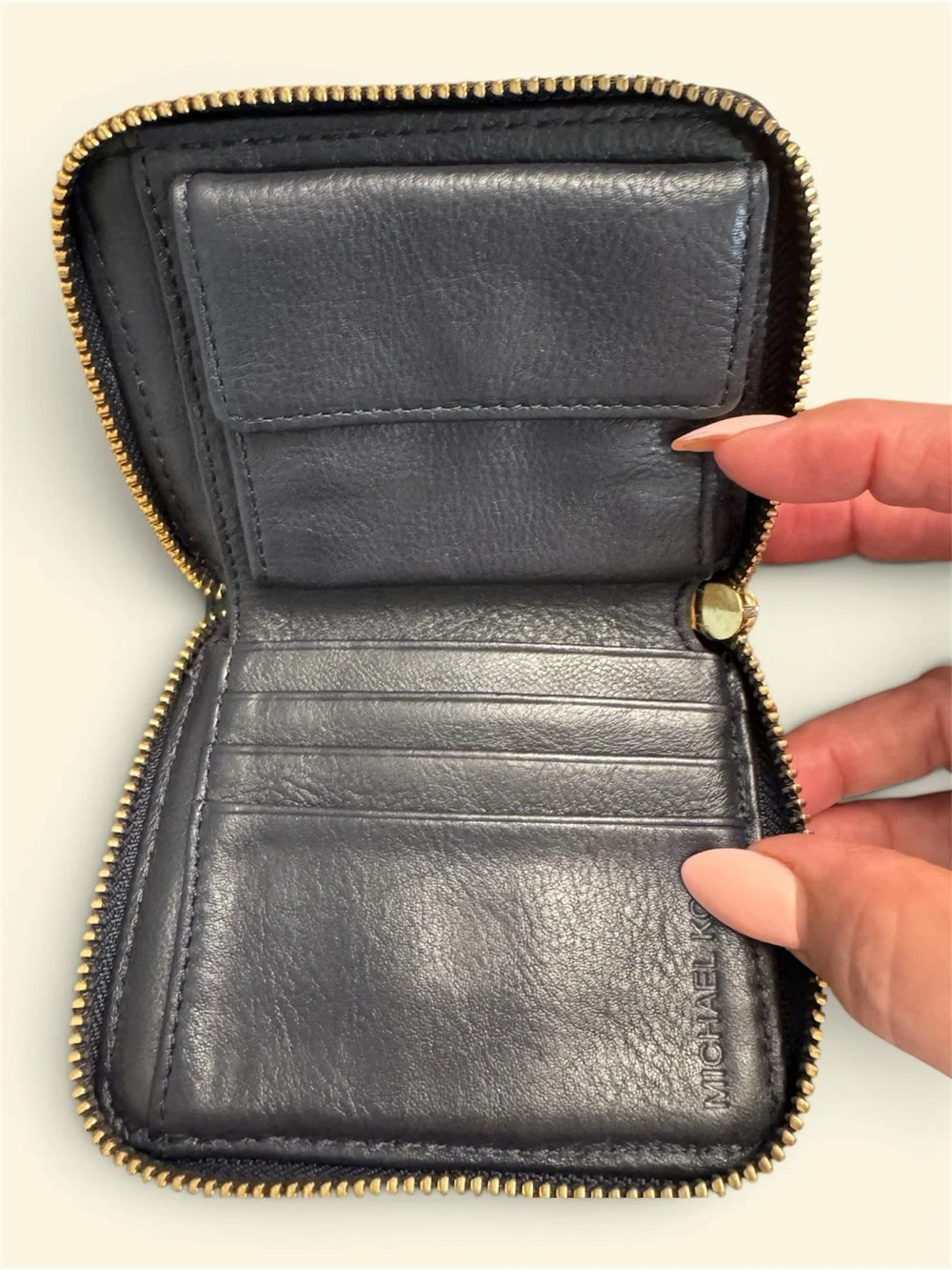 Michael Kors Navy Blue Signature Zip Card Holder with Gold Plaque